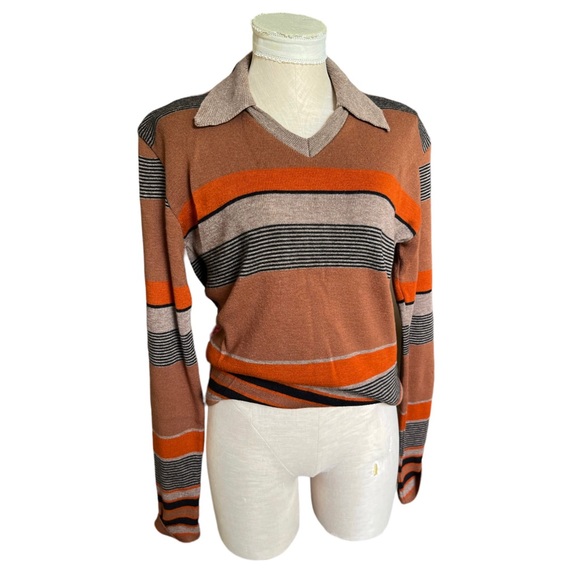 Vintage 70s Campus Knit Striped Collared V-Neck Long Sleeve Sweater Brown - Picture 4 of 10